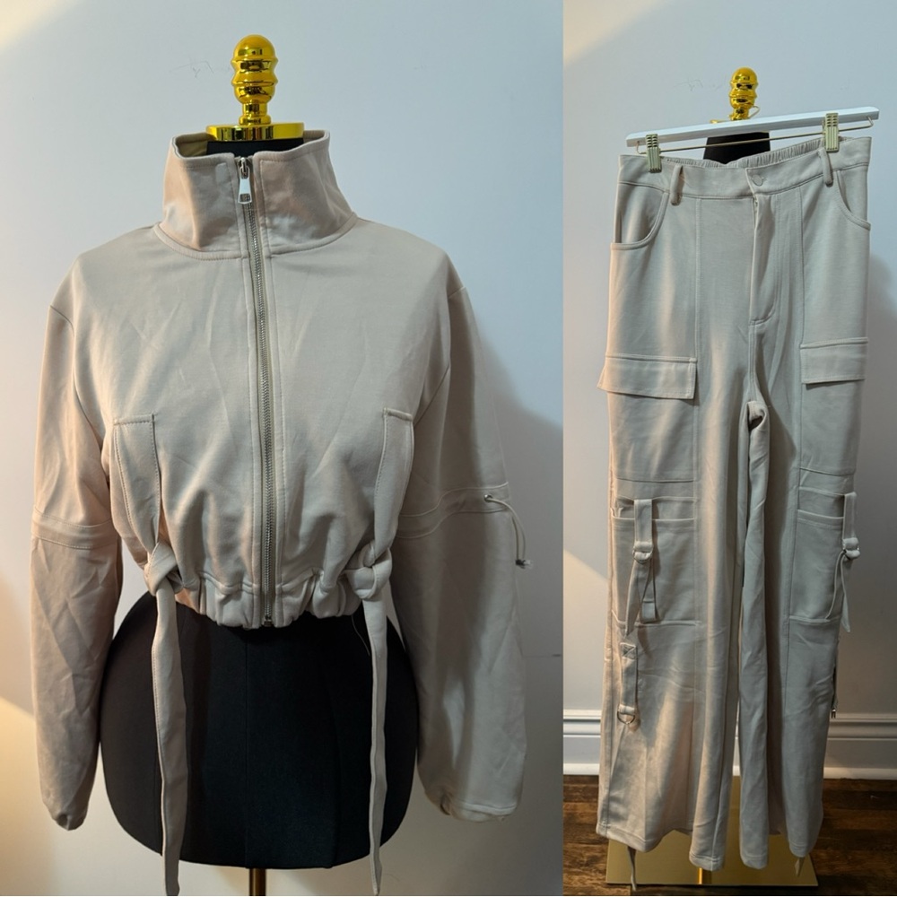 Fashion Nova | Beige Zip-Up Jacket and Cargo Pants Set